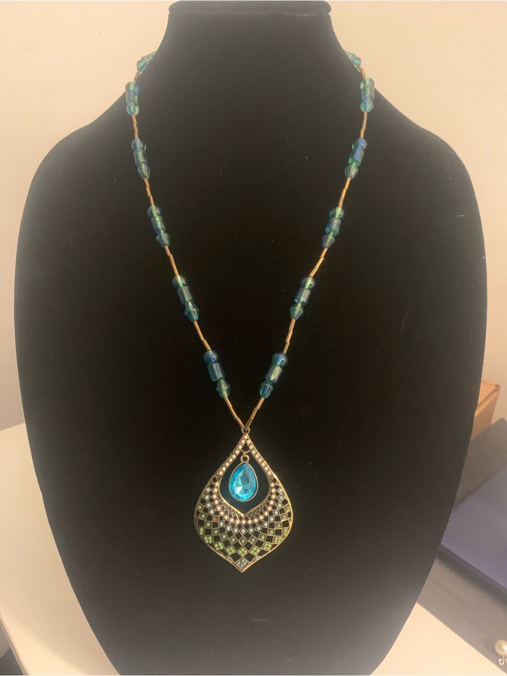 Blue Teardrop Pendant Necklace with Beaded Chain